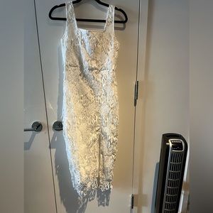 NWOT red dress white lace fitted midi dress with slit